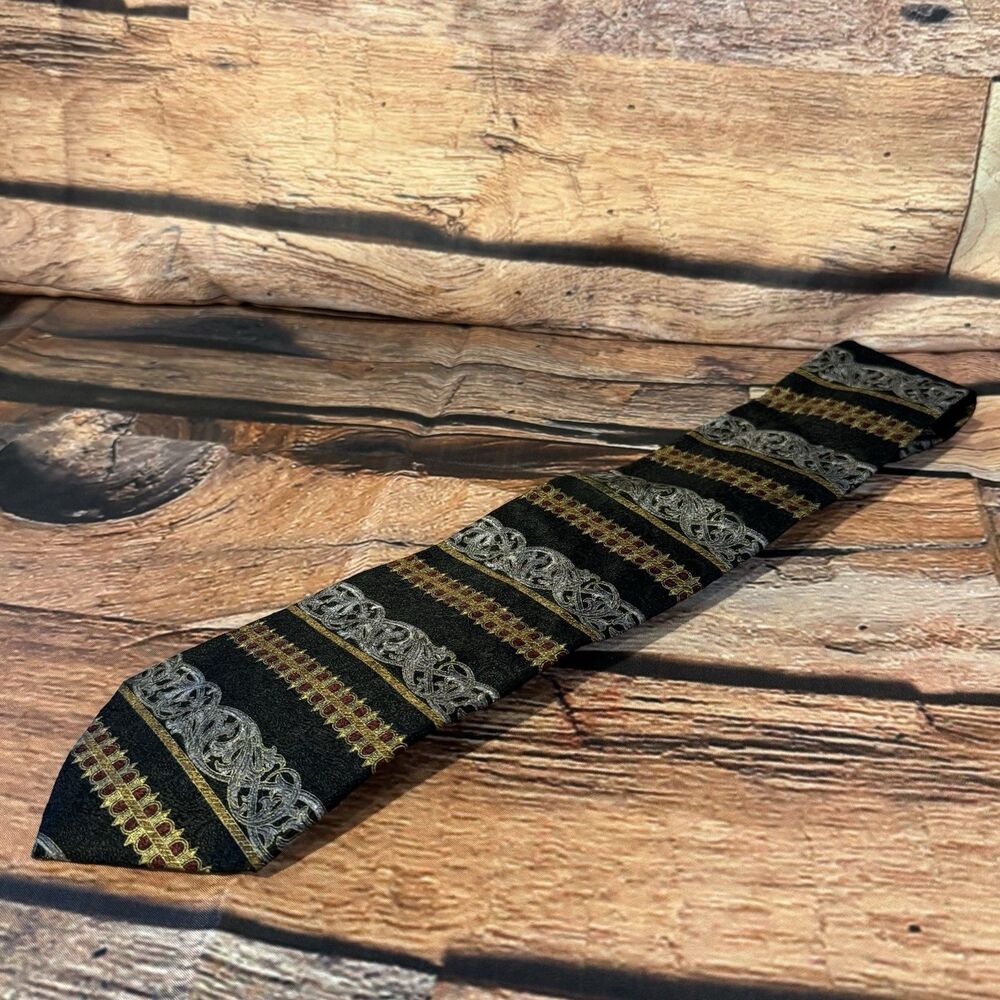 Pierre Cardin Mens Silk Tie Black Gold Silver Brocade Medallion Striped Necktie